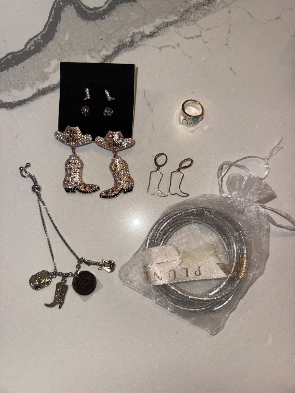 Plunder Silver Glitter Bangle Set - Silver Cowboy Style costume jewelry